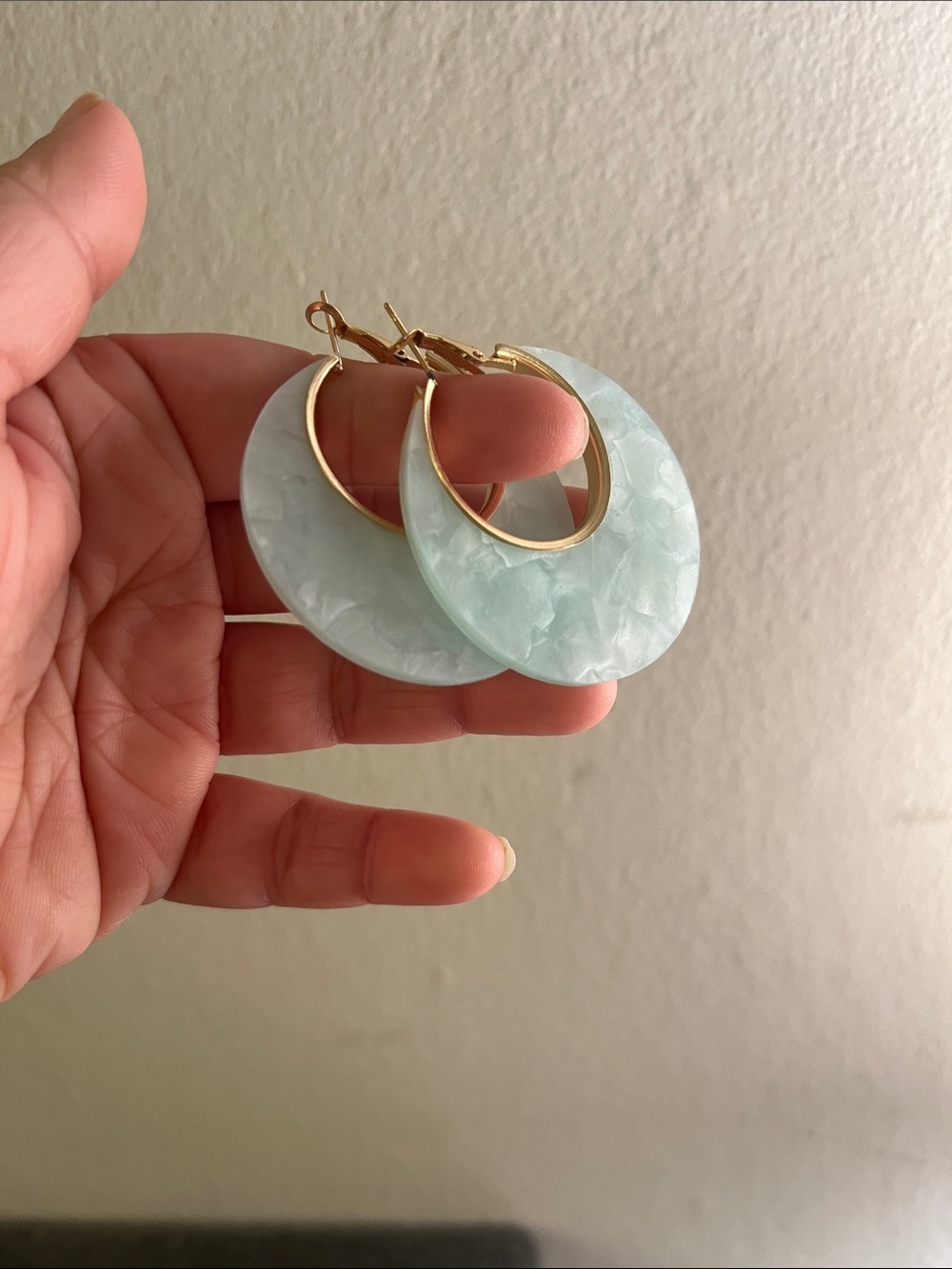Gold Hoop with Light Mint Resin Disc Earrings
